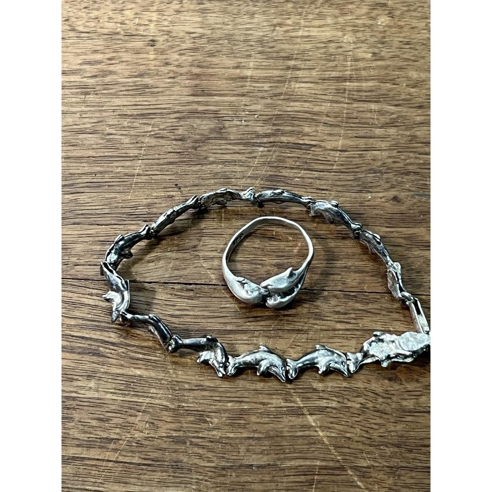 As Is- Damaged-Vtg Italian Sterling Silver Dolphin Ring And Bracelet Beach Vacay